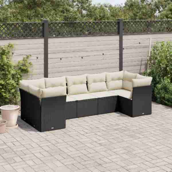 vidaXL 7-tlg. Garten-Sofagarnitur mit Kissen Schwarz Poly Rattan, UV-beständig, 3249955