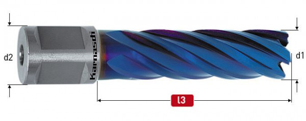 Karnasch Pulverstahl+DURABLUE-beschichteter Kernbohrer, Weldonschaft 19mm, Nutzlänge 55mm, Blue-Line55PRO / Blue-Line-Rail 55PRO d=26mm, 201317026