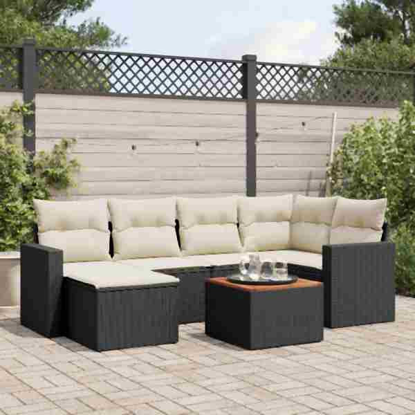 vidaXL 7-tlg. Garten-Sofagarnitur mit Kissen Schwarz Poly Rattan, UV-beständig, 3224222