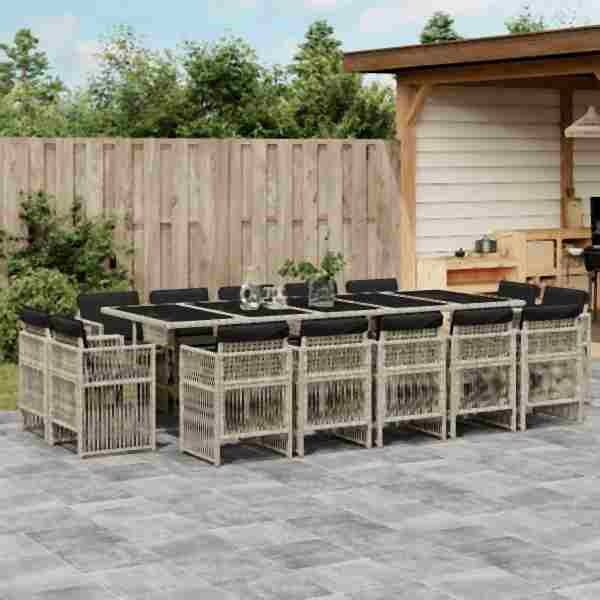 vidaXL 15-tlg. Garten-Essgruppe mit Kissen Hellgrau Poly Rattan, UV-beständig, 3211055
