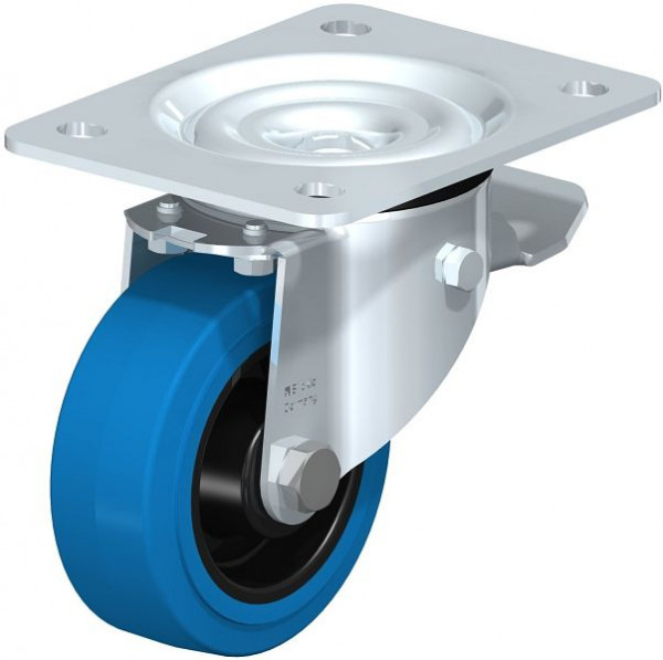 Blickle LK-POEV 100XR-3-ST-SB Stahlblech-Lenkrolle, schwere Ausführung, mit Anschraubplatte & Feststeller, Elastik-Vollgummi, Blau, 850986