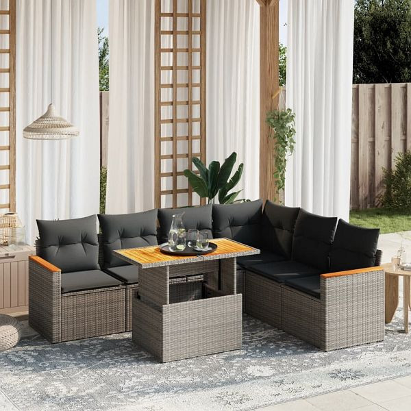 vidaXL 7-teilig Garten-Sofagarnitur mit Kissen Grau Poly Rattan, 3273097