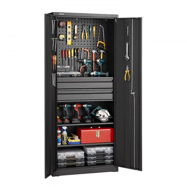 VEVOR Metall Aufbewahrungsschrank 1,8m, 2 Türen, 2 Schubladen, Verstellbare Regale, Lochwand, 81,5kg belastbar, Schwarz, CKCWJGJDCTNCWGRS9001V0
