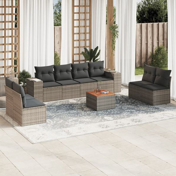 vidaXL 9-teilig Garten-Sofagarnitur mit Kissen Grau Poly Rattan, 3257740