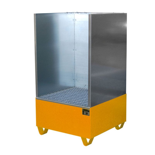 STEIN HGS Auffangwanne Serie 2000/SW, mit Spritzschutzwand, 203 Liter, RAL 2000 gelborange, Gesamthöhe 1460 mm, lackiert, 2 x 200 Liter Fass, 79195.0001