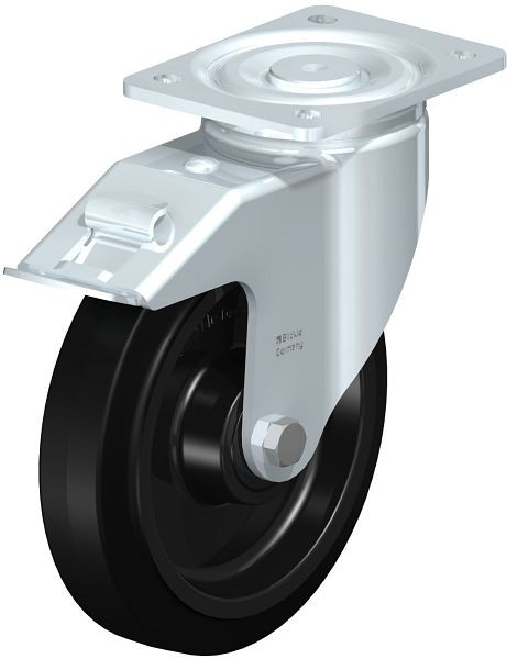 Blickle LH-POEV 200XKA-FI Stahlblech-Lenkrolle, Schwerlast-Ausführung, mit Anschraubplatte & Feststeller, Elastik-Vollgummi, Schwarz, 851905