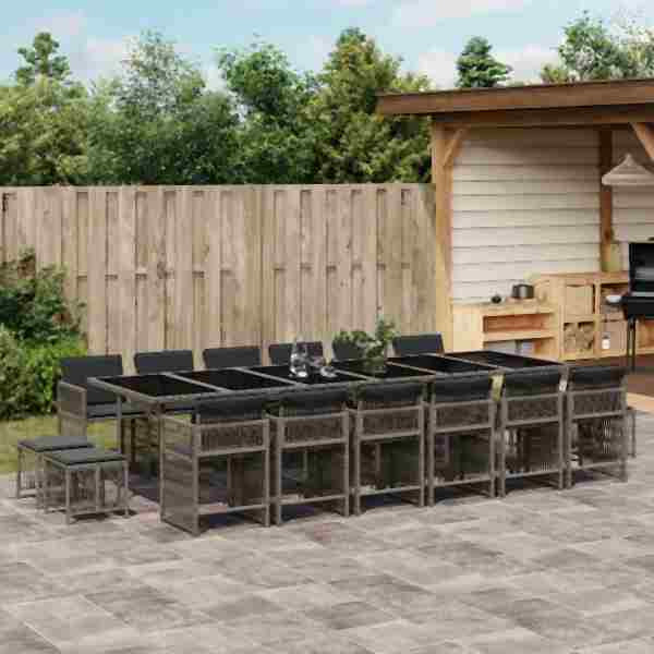 vidaXL 17-tlg. Garten-Essgruppe mit Kissen Grau Poly Rattan, UV-beständig, 3211724