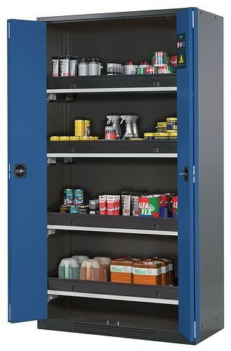 asecos Chemikalienschrank Systema-T CS-104F, Korpus anthrazit, Falttüren blau, inkl. 4 Tablarauszüge, 202713