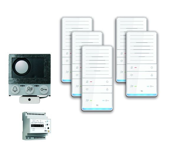 TCS Türkontrollsystem audio:pack Einbau für 5 Wohneinheiten, mit Einbaulautsprecher ASI12000, 5x Freisprecher ISW5031, Steuergerät BVS20, PAIF050/002