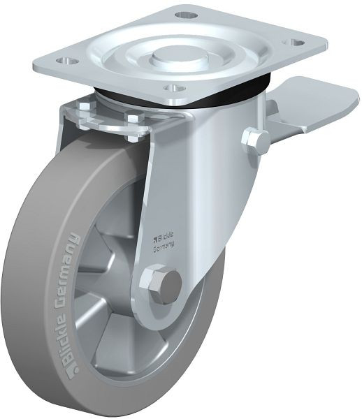 Blickle L-ALEV 161K-ST-SG Stahlblech-Lenkrolle, mittelschwere Ausführung, mit Anschraubplatte & Feststeller, Elastik-Vollgummi, Grau, 691634