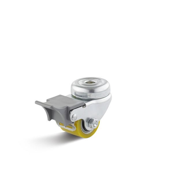 Torwegge Polyurethan Mini-Schwerlast-Lenkrolle, bis 100 kg, Rad-Ø 35 mm, Radbreite 27 mm, Gesamthöhe 52,8 mm, Rückloch-Ø 10,1 mm, mit Feststeller, 0051036