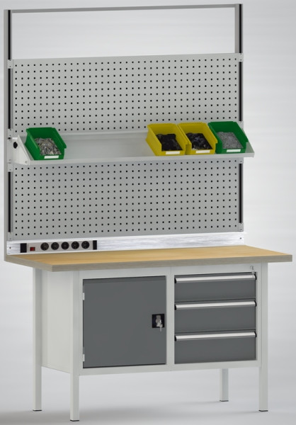 KLW Systemaufbau 1500mm 2 Lochplatte 1 Ablageboden 1 C-Profil Steckdosenleiste, AB01C-1500-OF02