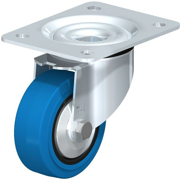 Blickle LK-POEV 100KD-3-SB-FA Stahlblech-Lenkrolle, schwere Ausführung, mit Anschraubplatte, Elastik-Vollgummi, Blau, 851045