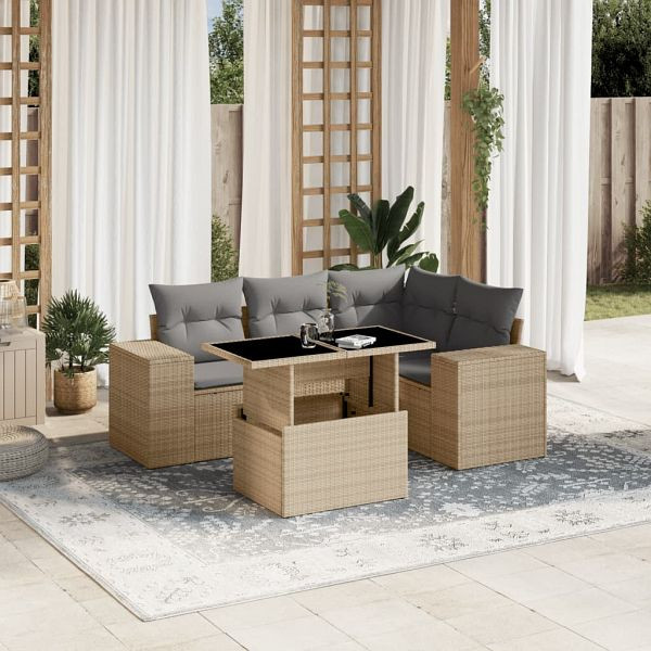 vidaXL 5-tlg. Garten-Sofagarnitur mit Kissen Beige Poly Rattan, 3269139