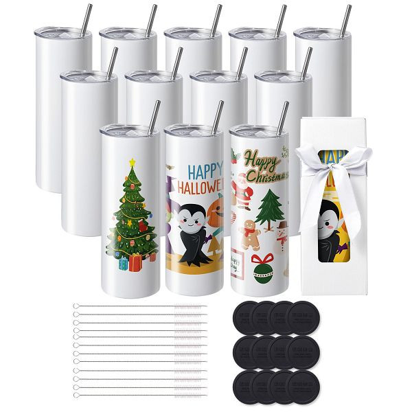 VEVOR 12er-Pack Gerade Sublimationsbecher, 591,5 ml Blanko-Becher, mit Strohhalm, Deckel, Bürste, Boden, Schrumpffolie, Geschenkbox, KBJPJTJBXG12PZKOKV0
