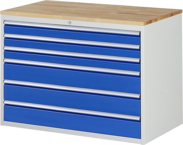 RAU Schubladenschrank Serie 7000, B1145 x T650 x H825mm, Schubladen: 3xH90, 3xH150 mm, Buche-Massiv-Arbeitsplatte, Stärke 25mm, 03-XXL5.9A-B.11
