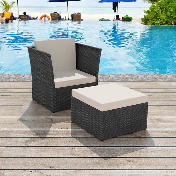 vidaXL Gartensessel mit Fußhocker Poly Rattan Schwarz, 41981