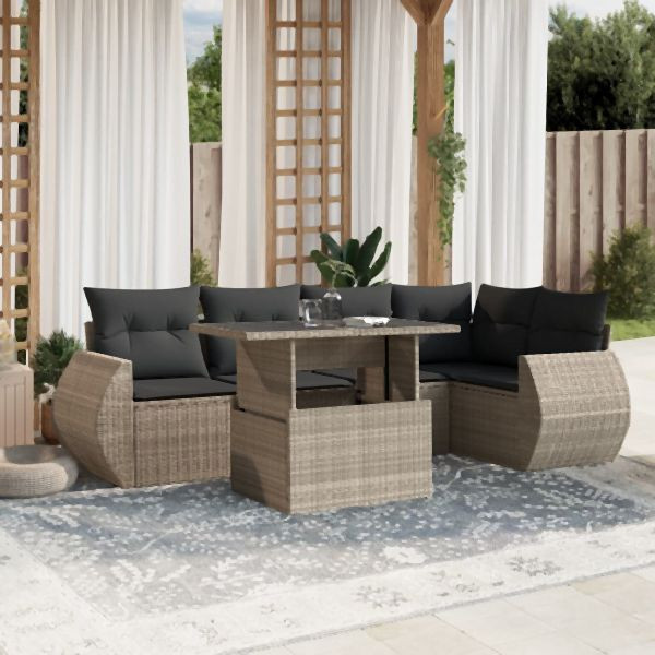vidaXL 7-tlg. Garten-Sofagarnitur mit Kissen Hellgrau Poly Rattan, 3268552