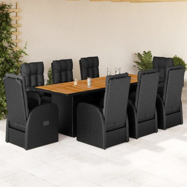 vidaXL 9-tlg. Garten-Essgruppe mit Kissen Schwarz Poly Rattan, 3277633