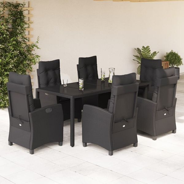 vidaXL 7-teilig Garten-Essgruppe mit Kissen Schwarz Poly Rattan, 3212641