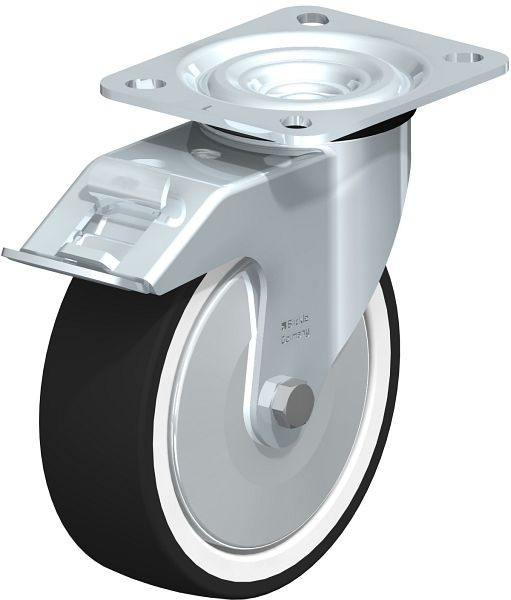 Blickle L-POTH 125R-FI-FA Stahlblech-Lenkrolle, mittelschwere Ausführung, mit Anschraubplatte & Feststeller, Thermoplastisches Polyurethan, Grau, 258731