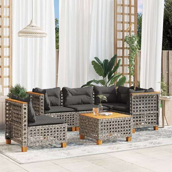 vidaXL 6-tlg. Garten-Sofagarnitur mit Kissen Grau Poly Rattan, UV-beständig, 3261843