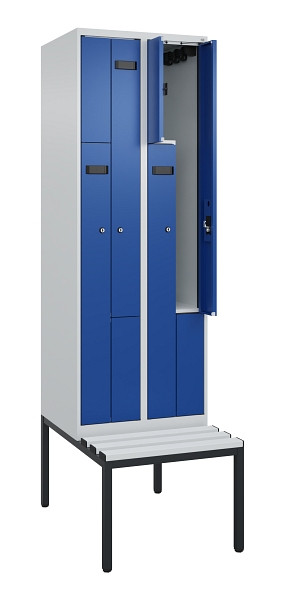 C+P Z-Spind Evolo PLUS, Bank, 4 Fächer, 2120x600x815mm, 7035/5010, Zylinderschloss, Sitzfläche Kunststoff, Sitzbank, 0490537-204 S10086