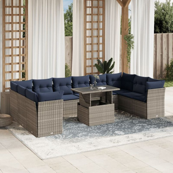 vidaXL 11-teiliges Gartensofa-Set mit Kissen, grau, Polyrattan, 3266861