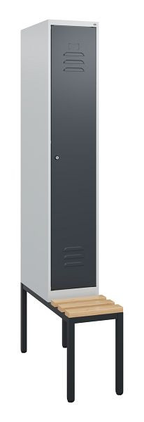 C+P Umkleidespind Classic PLUS, mit untergebauter Sitzbank, 1950x300x815mm, 7035/7016, Zylinderschloss, Buche-Sitzleisten, 0800505-10 S10023