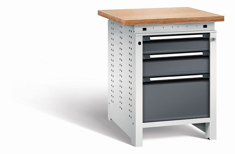 Otto Kind Werkbank Serie function Typ 106, Multiplexplatte, überstehend, 3 Schubladen, mit Zentralverschluss, Gehäuse RAL 7035, Front RAL 7016, 072323249