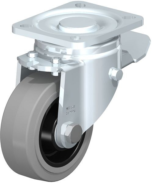 Blickle LH-POEV 100K-1-ST-SG Stahlblech-Lenkrolle, Schwerlast-Ausführung, mit Anschraubplatte & Feststeller, Elastik-Vollgummi, Grau, 533398