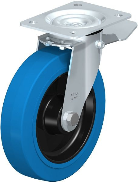Blickle LE-POEV 200R-ST-SB Stahlblech-Lenkrolle mit Anschraubplatte & Feststeller, Elastik-Vollgummi, Blau, 744852