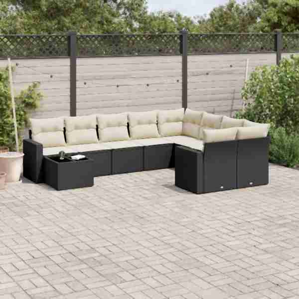 vidaXL 10-tlg. Garten-Sofagarnitur mit Kissen Schwarz Poly Rattan, UV-beständig, 3251793