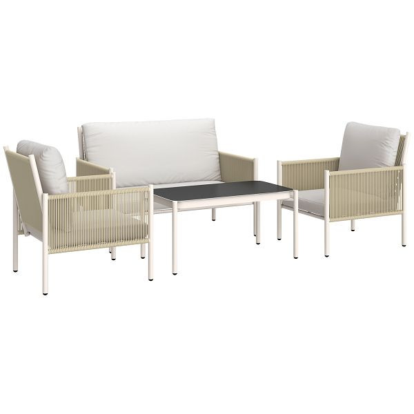 Outsunny Gartenmöbel Set aus Polyrattan Lounge-Set mit 2er Sofa Sessel Glastisch Kissen 4 Personen Braun+Grau, 860-392V00LG