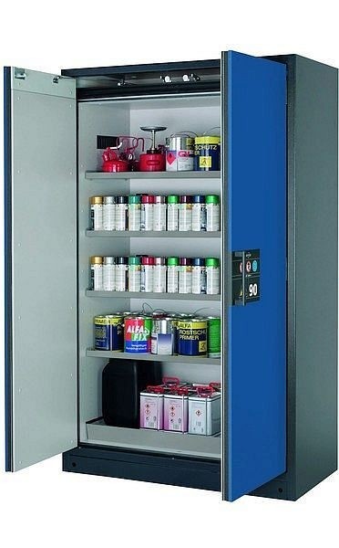 asecos Sicherheitsschrank Q-CLASSIC-90, Q90.195.120 in enzianblau RAL 5010 mit 4x Fachboden (Edelstahl), 30001-047-30009