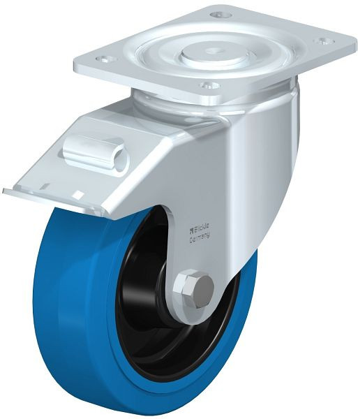 Blickle LH-POEV 160XR-FI-SB Stahlblech-Lenkrolle, Schwerlast-Ausführung, mit Anschraubplatte & Feststeller, Elastik-Vollgummi, Blau, 851808
