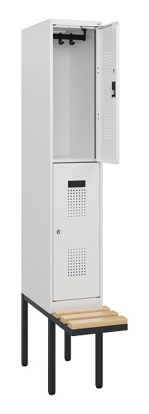 C+P Doppelstock-Spind Evolo PLUS, Bank, 2 Fächer, 1950x300x815mm, 9016/9016, Zylinderschloss, Sitzfläche Buche-Hartholz, 0493405-10 S10055