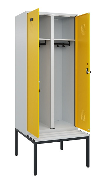C+P Schwarz-Weiß-Spind Evolo PLUS, Bank, 2 Abteile, 2120x800x815mm, 7035/1023, Drehriegel, Sitzfläche Kunststoff, Sitzbank, 0490527-22 S10055
