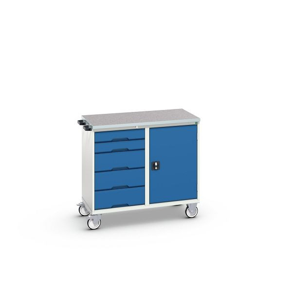 bott verso Montagewagen, mit 5 Schubladen, Tür und Linoleum-Top, BxTxH: 1050 x 600 x 980 mm, Lichtgrau / Enzianblau, 16927120.11