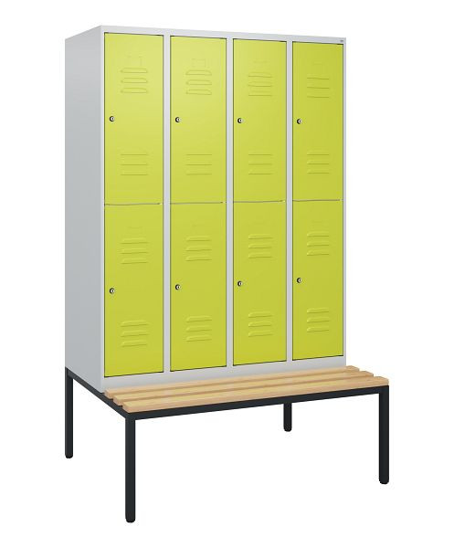 C+P Doppelstöckiger Spind Classic PLUS, 4 Abteile, 1950x1200x815mm, 7035/0024, Zylinderschlösser, Buche-Sitzleisten, Sitzbank, 0803505-40 S10040