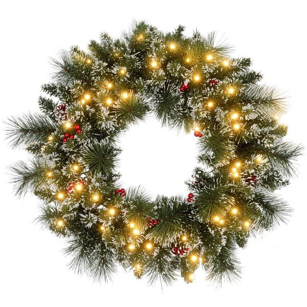 HOMCOM Weihnachtskranz mit LED-Beleuchtung, roten Beeren, realistisches Aussehen, Ø60 x 10 cm, Grün, 830-847V01GN