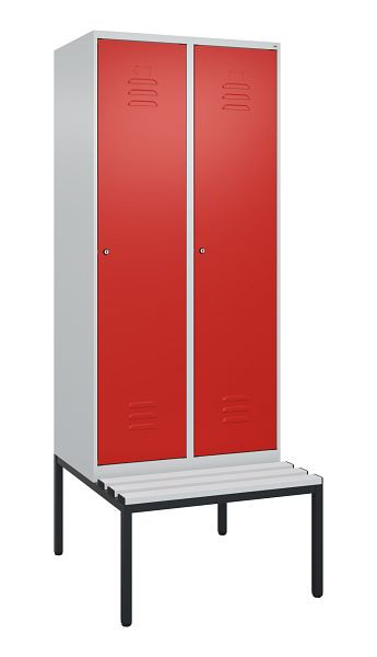 C+P Umkleidespind Classic PLUS, mit untergebauter Sitzbank, 2 Abteile, 2120x800x815mm, 7035/3020, Zylinderschlösser, 0800507-22 S10017