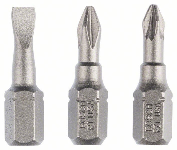 Bosch Schrauberbit-Set Extra-Hart (gemischt), 3-teilig, S 0,6x4,5, PH1, PZ1, 25 mm, VE: 10 Stück, 2607001765