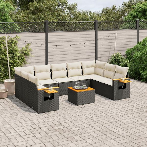 vidaXL 10-teilig Garten-Sofagarnitur mit Kissen Schwarz Poly Rattan, 3227120