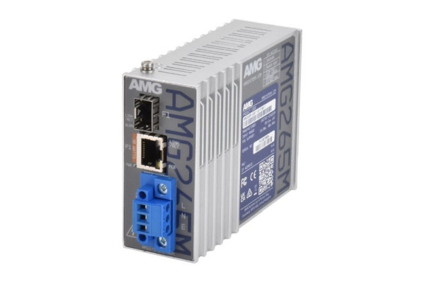 AMG Systems Mini PoE Medienkonverter, 1 x 10/100BT RJ45 30W, 1 x 100/1GBFX SFP Slot, DIN Rail / Wandmontage, Terminal Mains Power, AMG265M-1FAT-1S-P30-T
