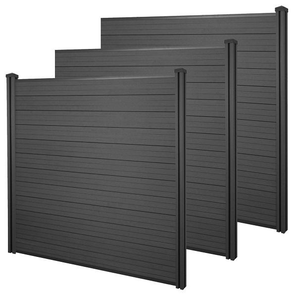 Mendler WPC-Sichtschutz Sarthe, Windschutz Zaun, WPC-Pfosten, 3er Set, 5,7m anthrazit, 68010