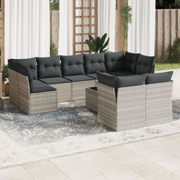 vidaXL 10-tlg. Garten-Sofagarnitur mit Kissen Hellgrau Poly Rattan, 3218162