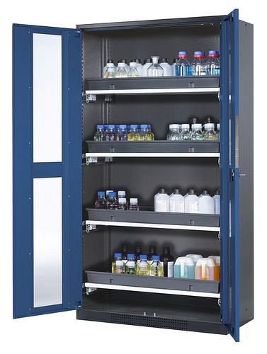 asecos Chemikalienschrank Systema-T CS-104G, Korpus anthrazit, Flügeltüren blau, 4 Tablarauszüge, 202689