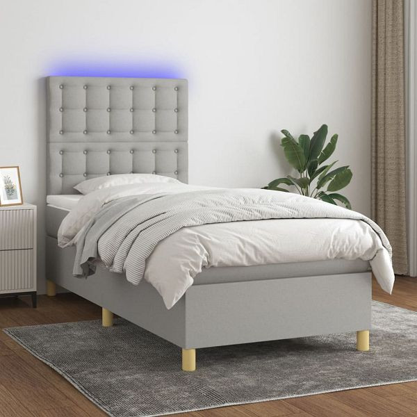 vidaXL Boxspringbett mit Matratze & LED Hellgrau 100x200 cm Stoff, 3135733