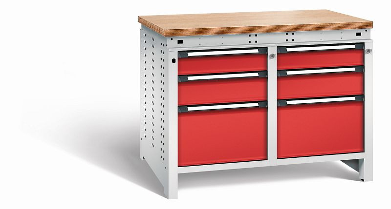 Otto Kind Werkbank Serie function Typ 215, Multiplexplatte 40 mm, bündig, 2x Unterbau + Zentralverschluss, Gehäuse RAL 7035, Front RAL 3000, 072345134